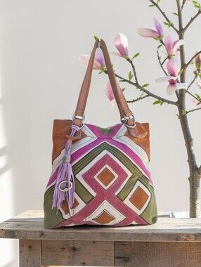 Fossil Vintage Jesse Suede & Canvas Embellished Patchwork Tote